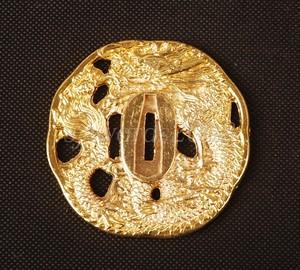 Golden Tsuba Dragon Carved Alloy Plate For Japanese Samurai Sword